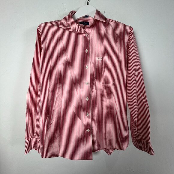 Faconnable Mens Red & White Striped Button-Up Long Sleeve Cotton Shirt Medium - Picture 1 of 6